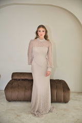 Exclusive ivory lace evening dress with hand-beadwork on neckline