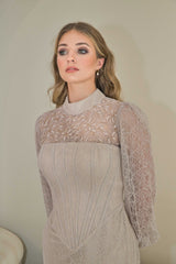 Exclusive ivory lace evening dress with hand-beadwork on neckline