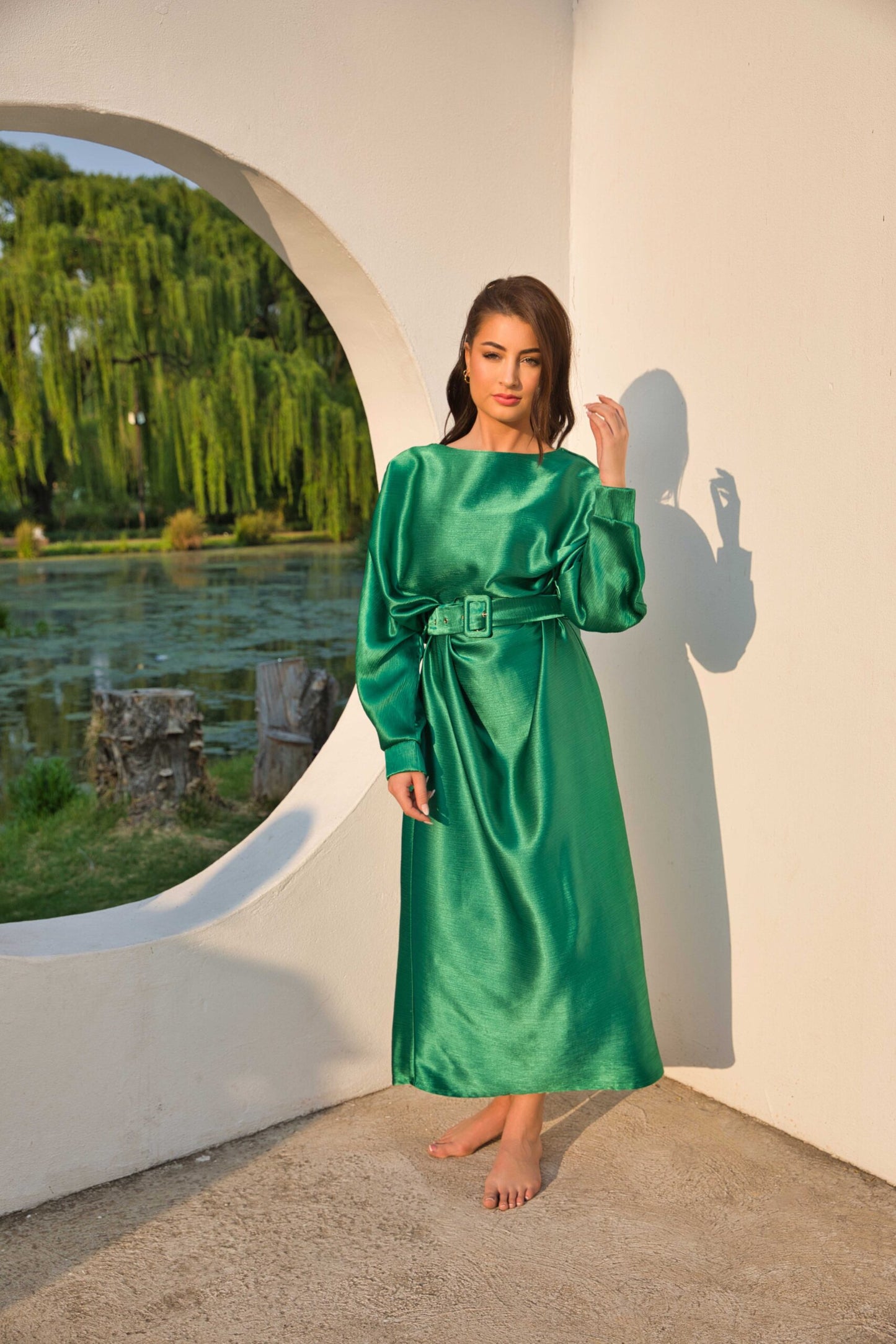Exclusive Designer Luxurious Plisse Satin Dress