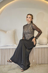 Luxury Black and Champagne Lace Maxi Dress with beaded detail.