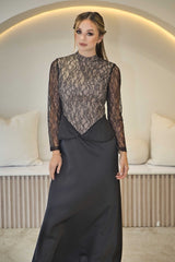 Luxury Black and Champagne Lace Maxi Dress with beaded detail.