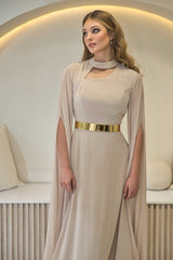 Exclusive Taupe Dress with Gold Belt & Cape sleeves - Maxi Dress