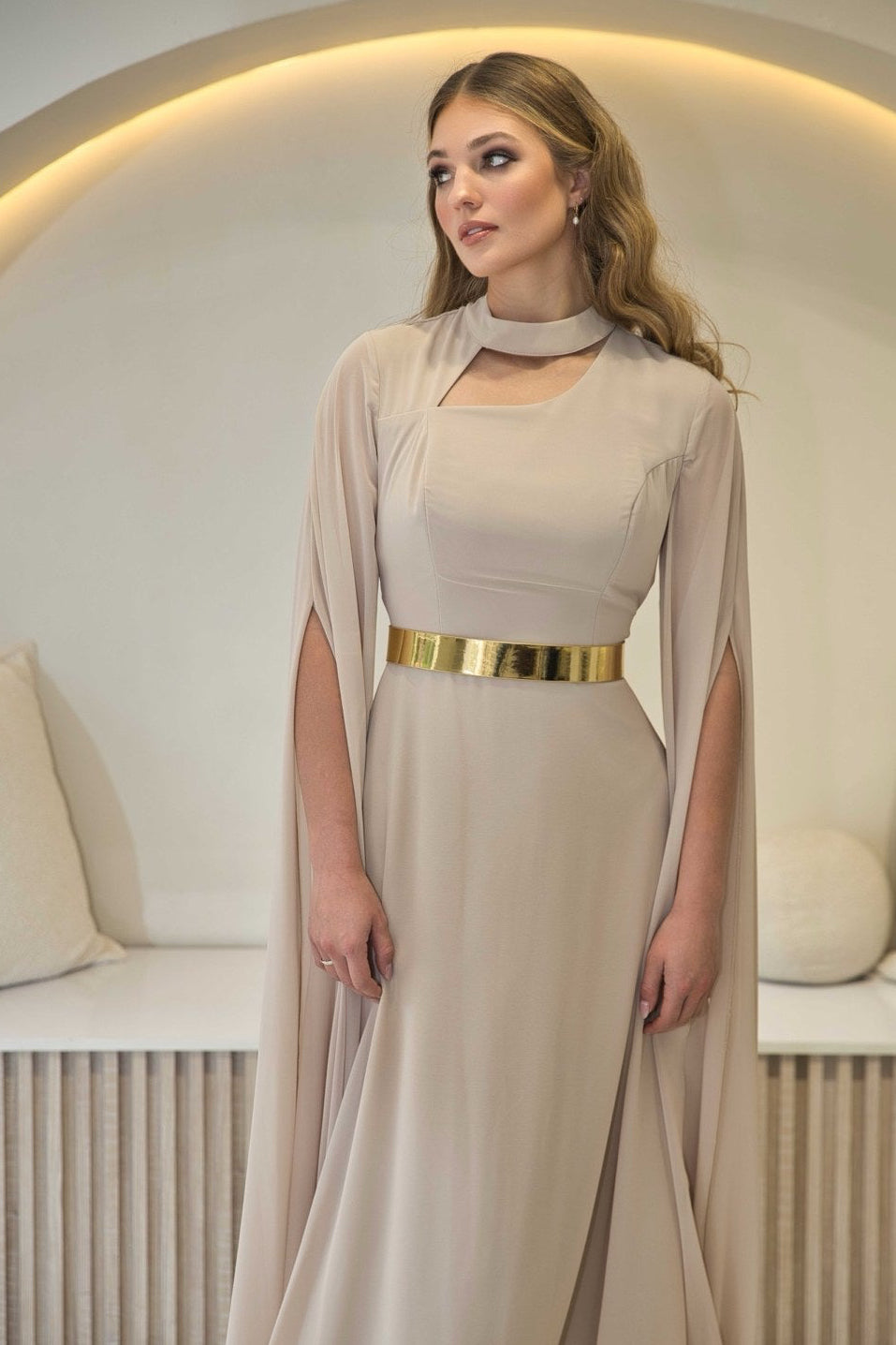Exclusive Taupe Dress with Gold Belt & Cape sleeves - Maxi Dress