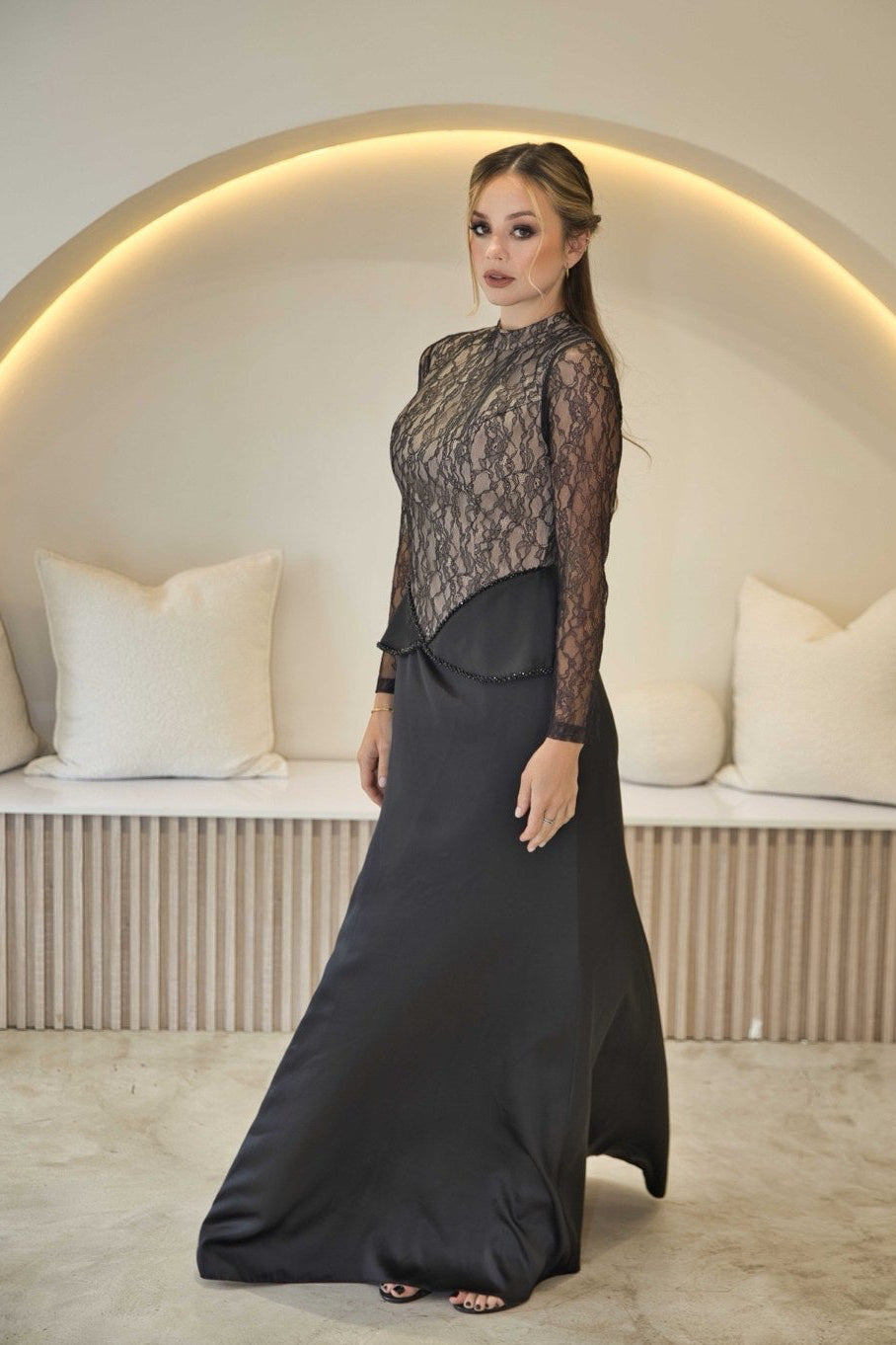 Luxury Black and Champagne Lace Maxi Dress with beaded detail.