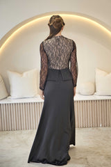 Luxury Black and Champagne Lace Maxi Dress with beaded detail.