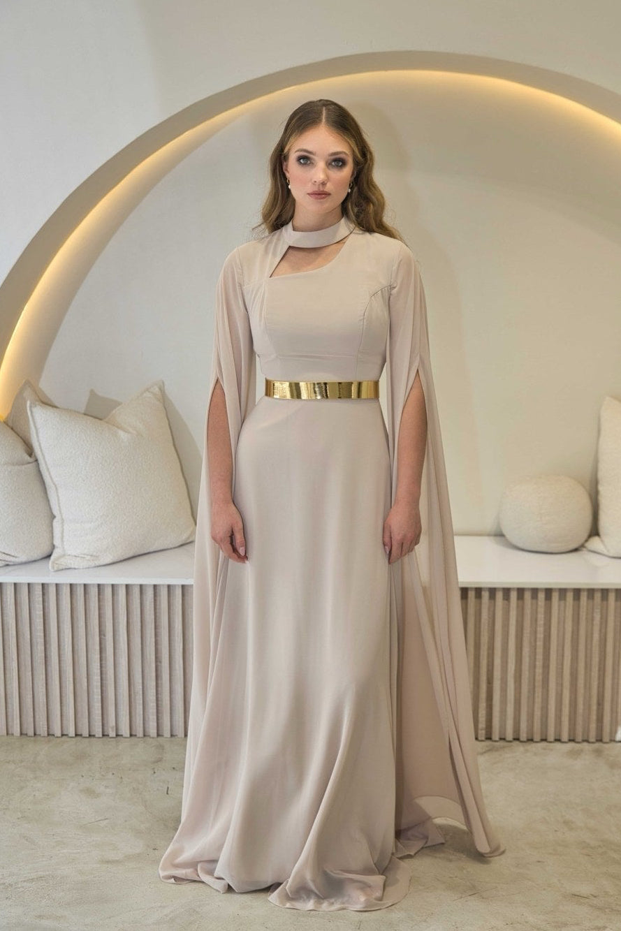 Exclusive Taupe Dress with Gold Belt & Cape sleeves - Maxi Dress