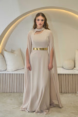 Exclusive Taupe Dress with Gold Belt & Cape sleeves - Maxi Dress