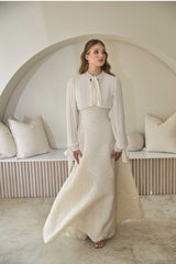 Exclusive Ivory Pleated Bow Neck Maxi Dress