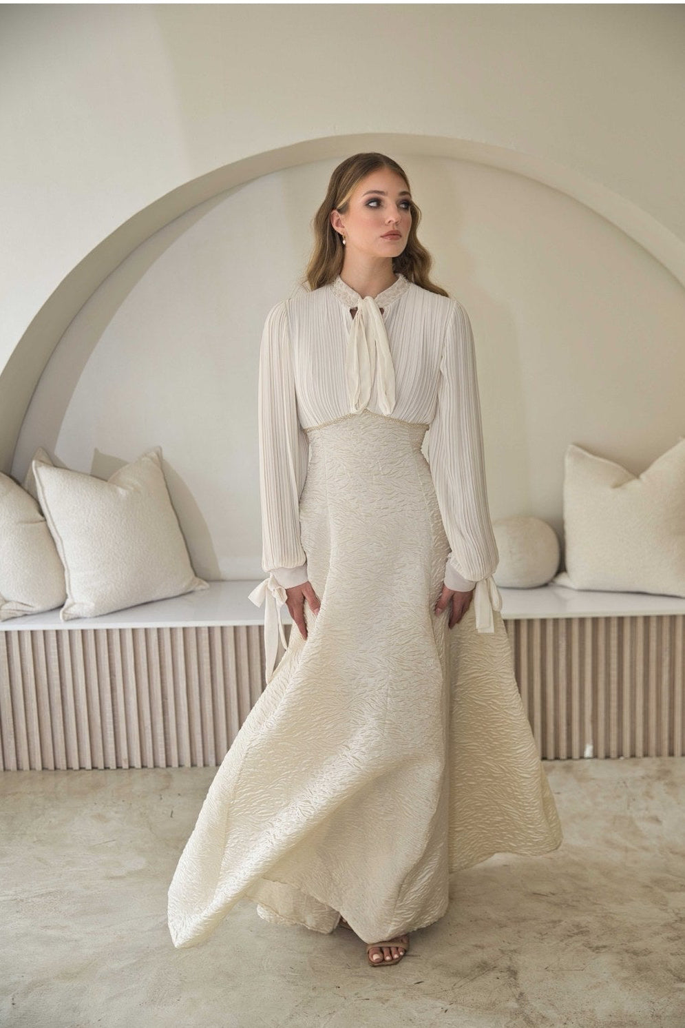 Exclusive Ivory Pleated Bow Neck Maxi Dress