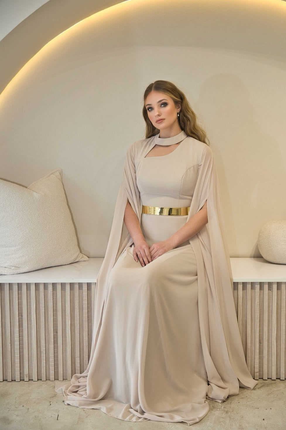 Exclusive Taupe Dress with Gold Belt & Cape sleeves - Maxi Dress