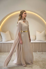 Exclusive Taupe Dress with Gold Belt & Cape sleeves - Maxi Dress