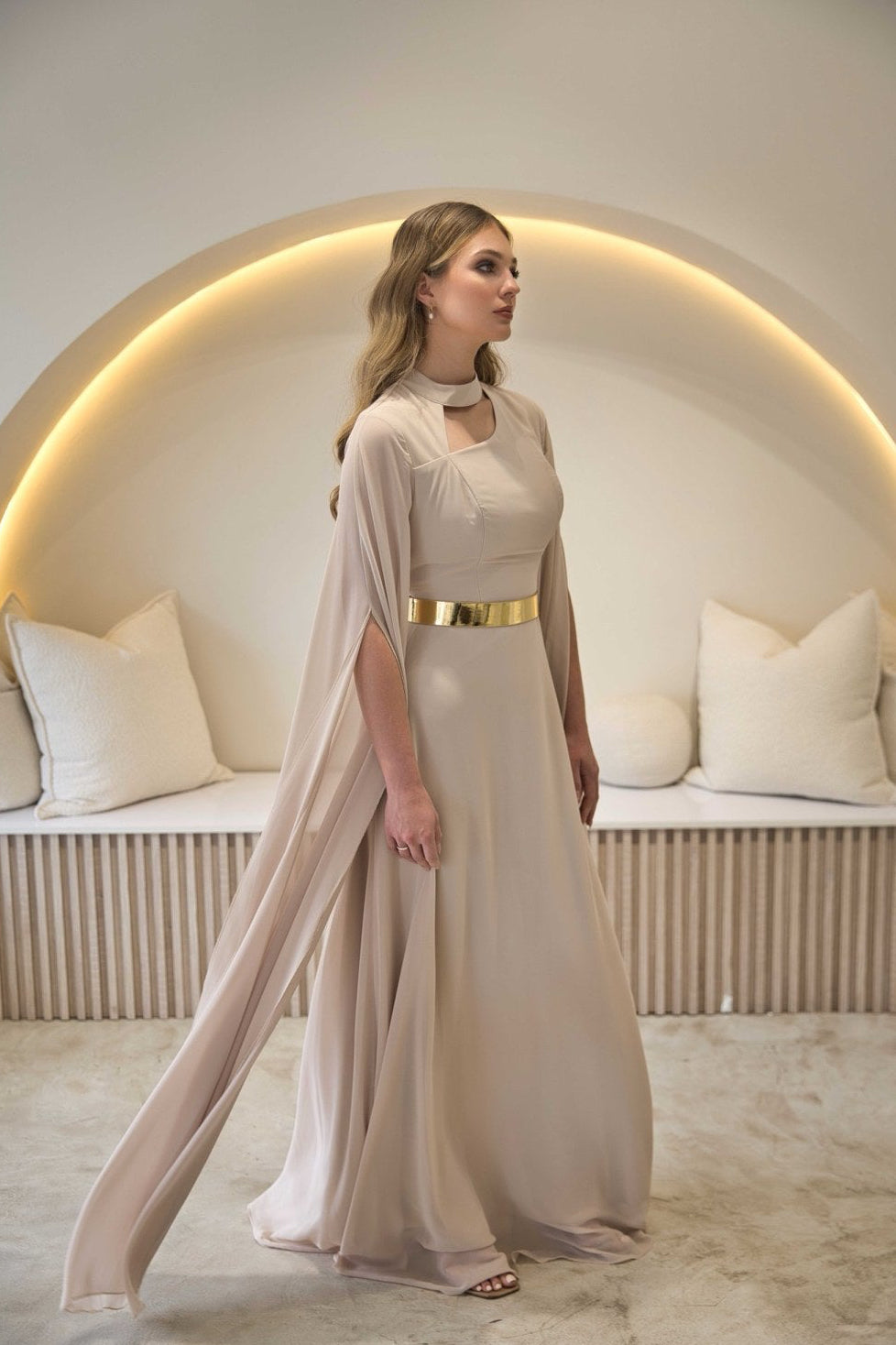 Exclusive Taupe Dress with Gold Belt & Cape sleeves - Maxi Dress