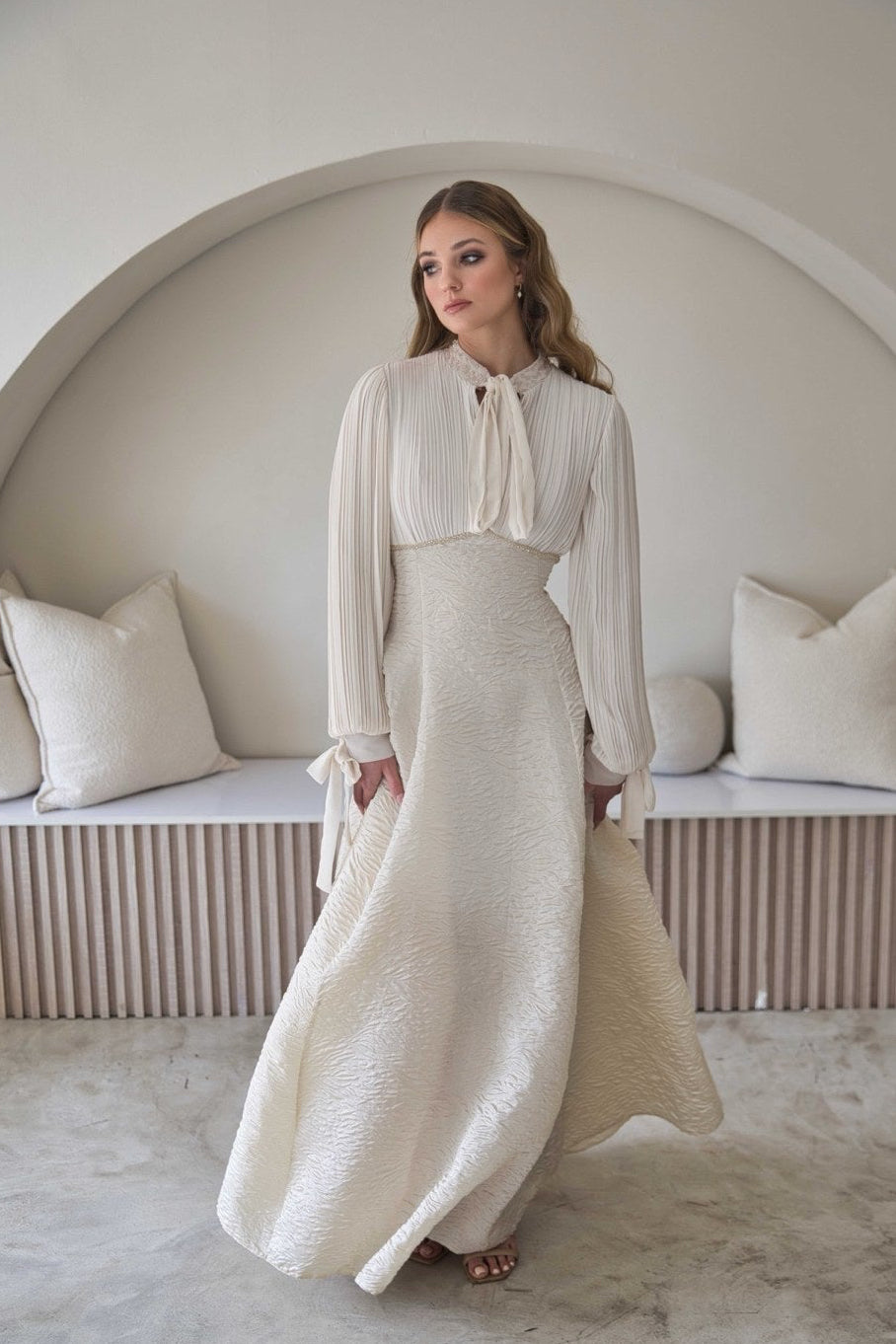 Exclusive Ivory Pleated Bow Neck Maxi Dress