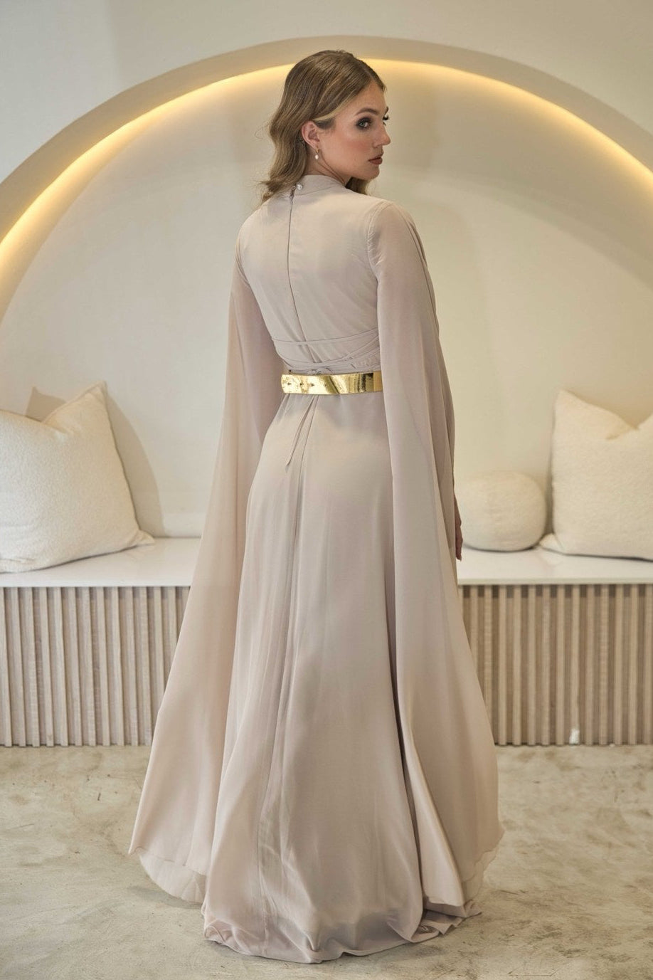 Exclusive Taupe Dress with Gold Belt & Cape sleeves - Maxi Dress