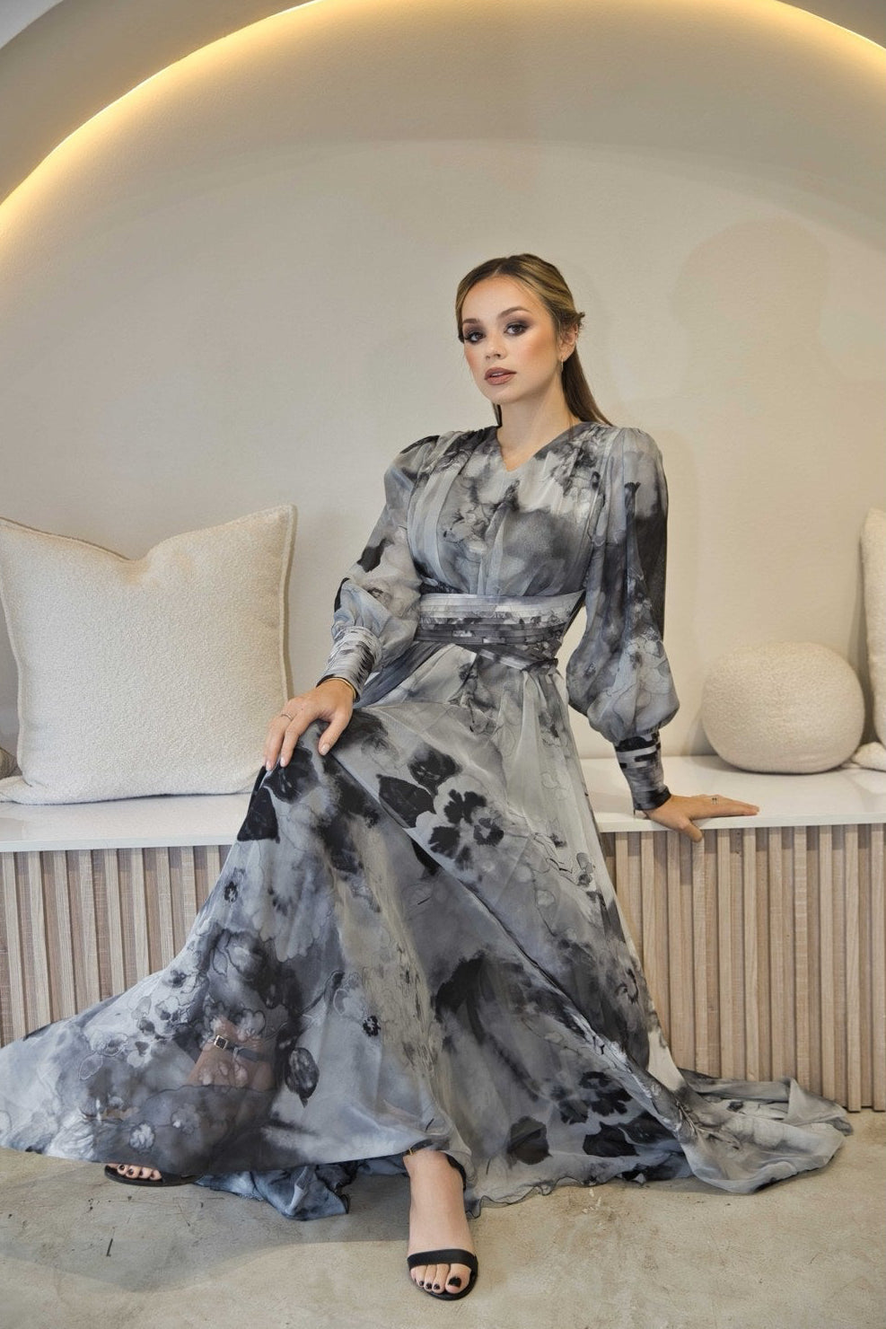 Grey Tie-Dye Chiffon Maxi Dress
