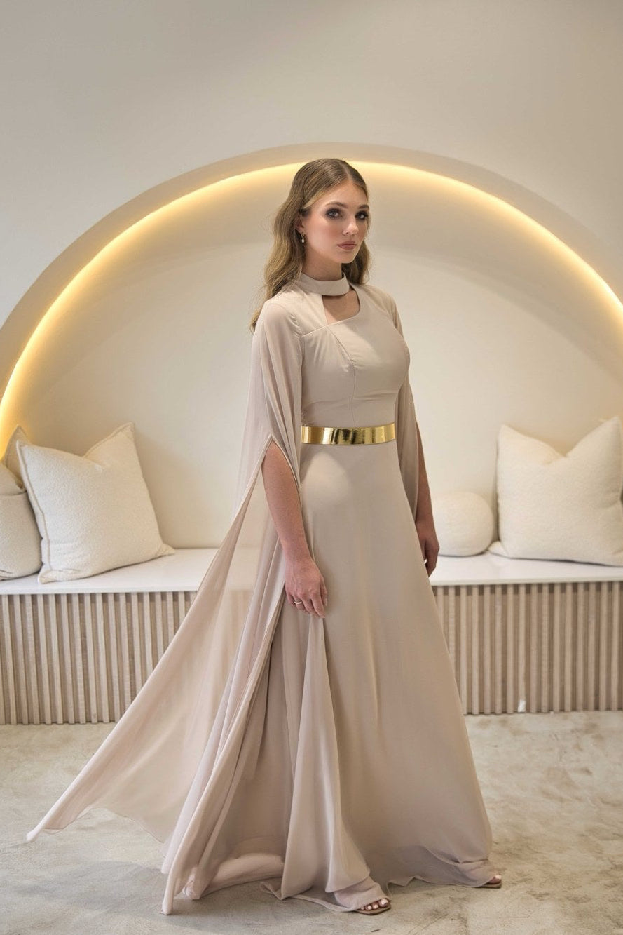 Exclusive Taupe Dress with Gold Belt & Cape sleeves - Maxi Dress