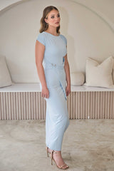 Sky Blue Crystal Drape Midi Dress