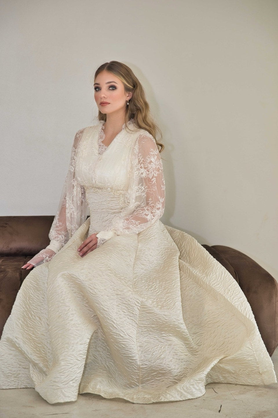 Ivory Lace Sleeve Textured Gown