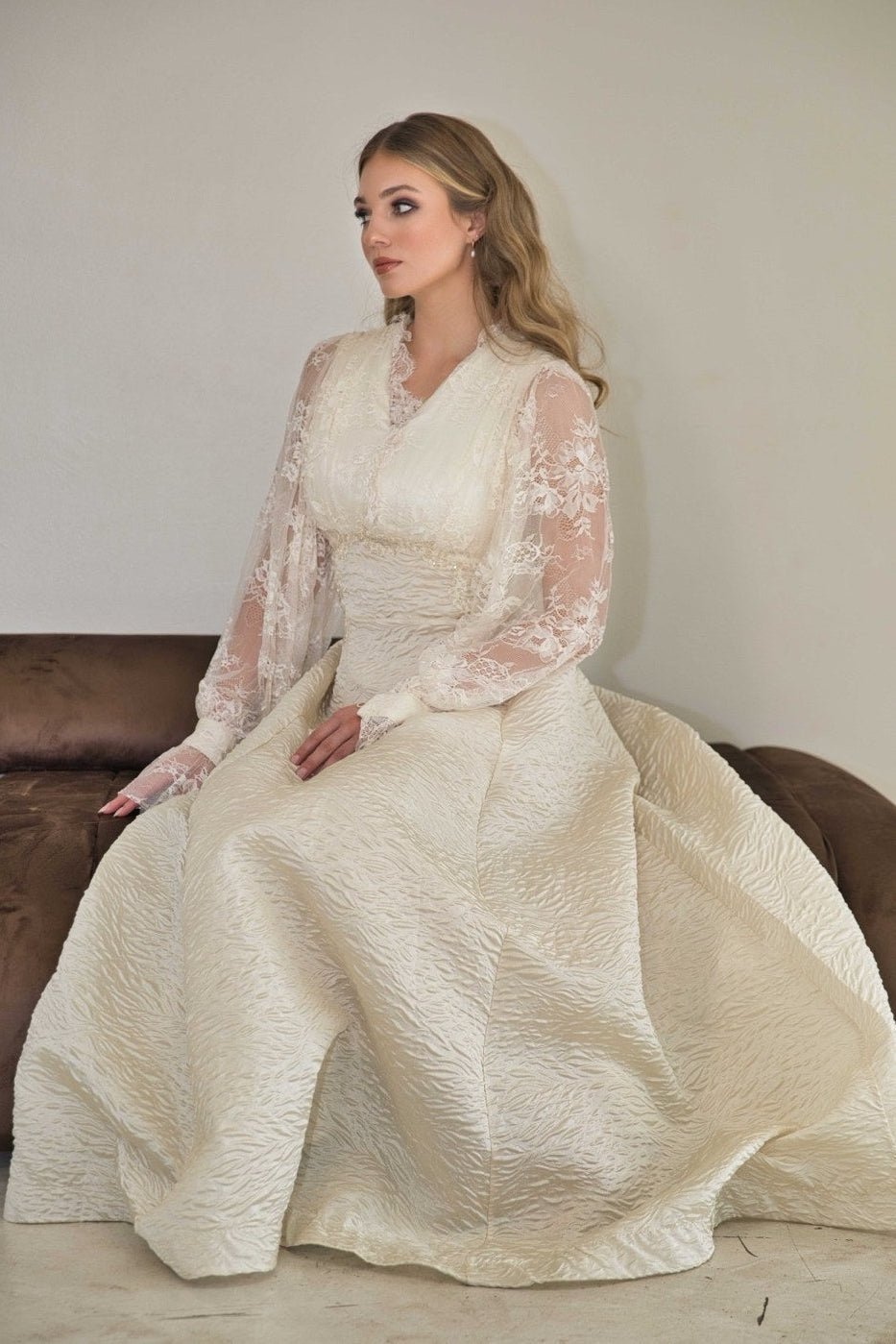 Ivory Lace Sleeve Textured Gown