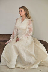 Ivory Lace Sleeve Textured Gown