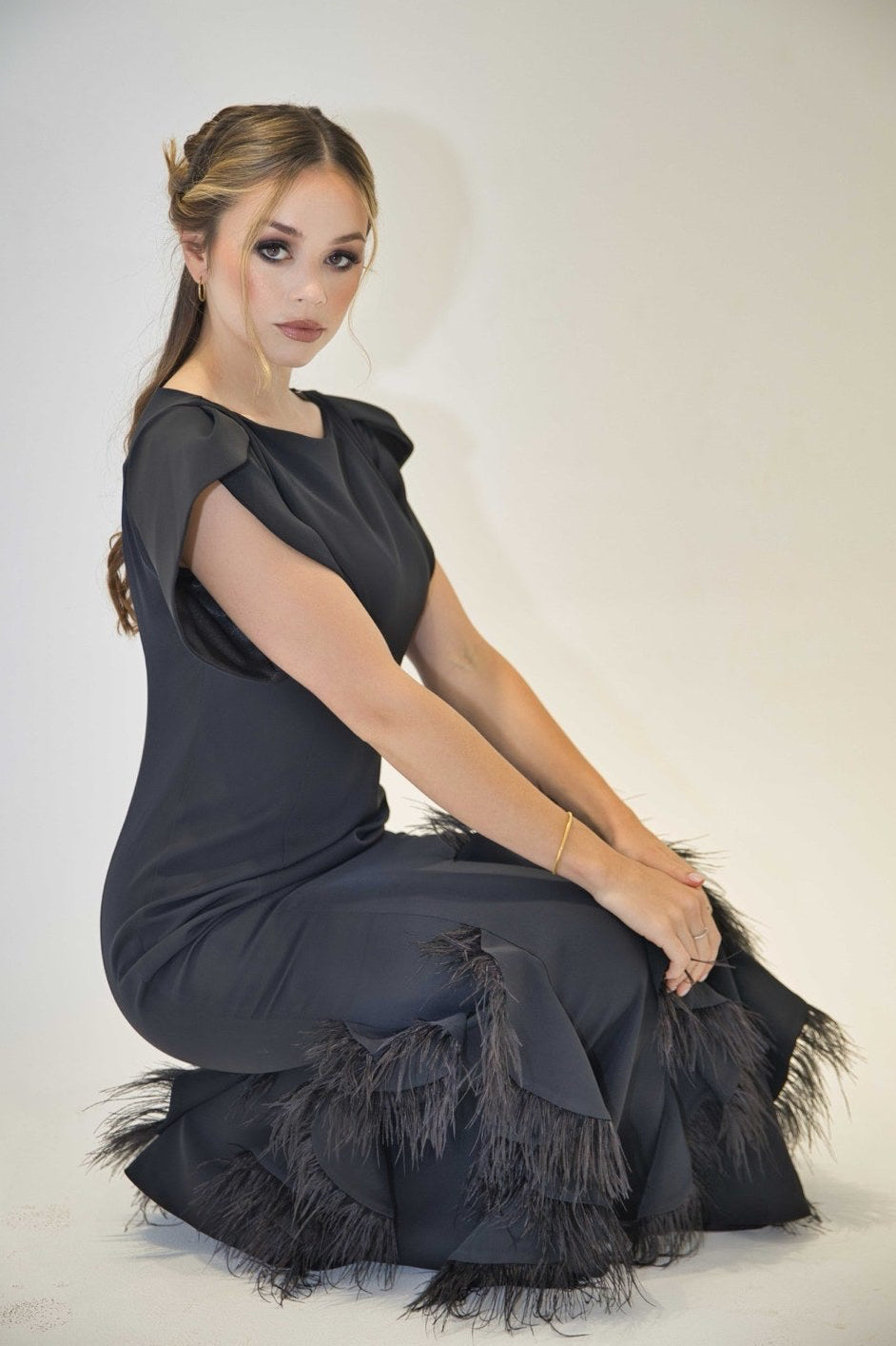 Designer Black Feather Hem Maxi Dress 