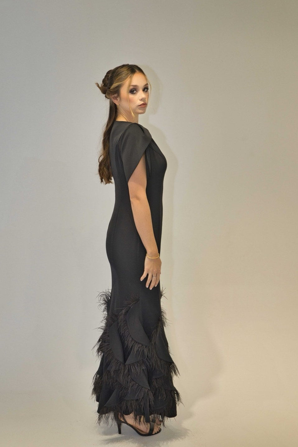 Designer Black Feather Hem Maxi Dress 