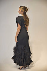 Designer Black Feather Hem Maxi Dress 