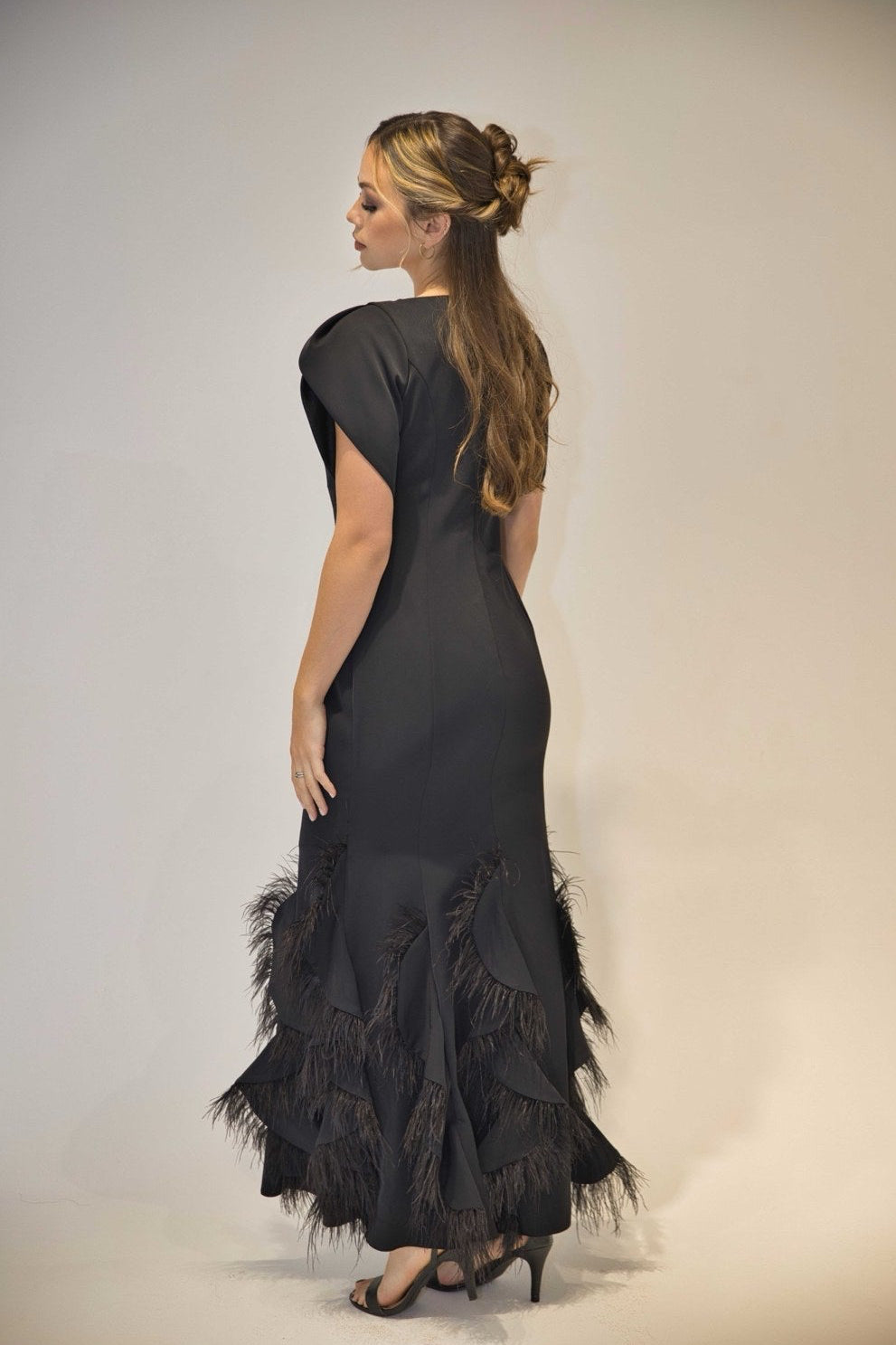 Designer Black Feather Hem Maxi Dress 