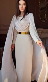 Luxury Couture Cape Sleeve Dress in Sand with Metallic Silk Chiffon on Bodice &amp; Sleeve.