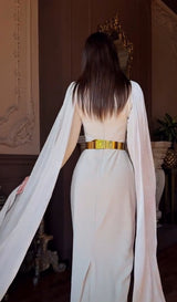 Luxury Couture Cape Sleeve Dress in Sand with Metallic Silk Chiffon on Bodice &amp; Sleeve.