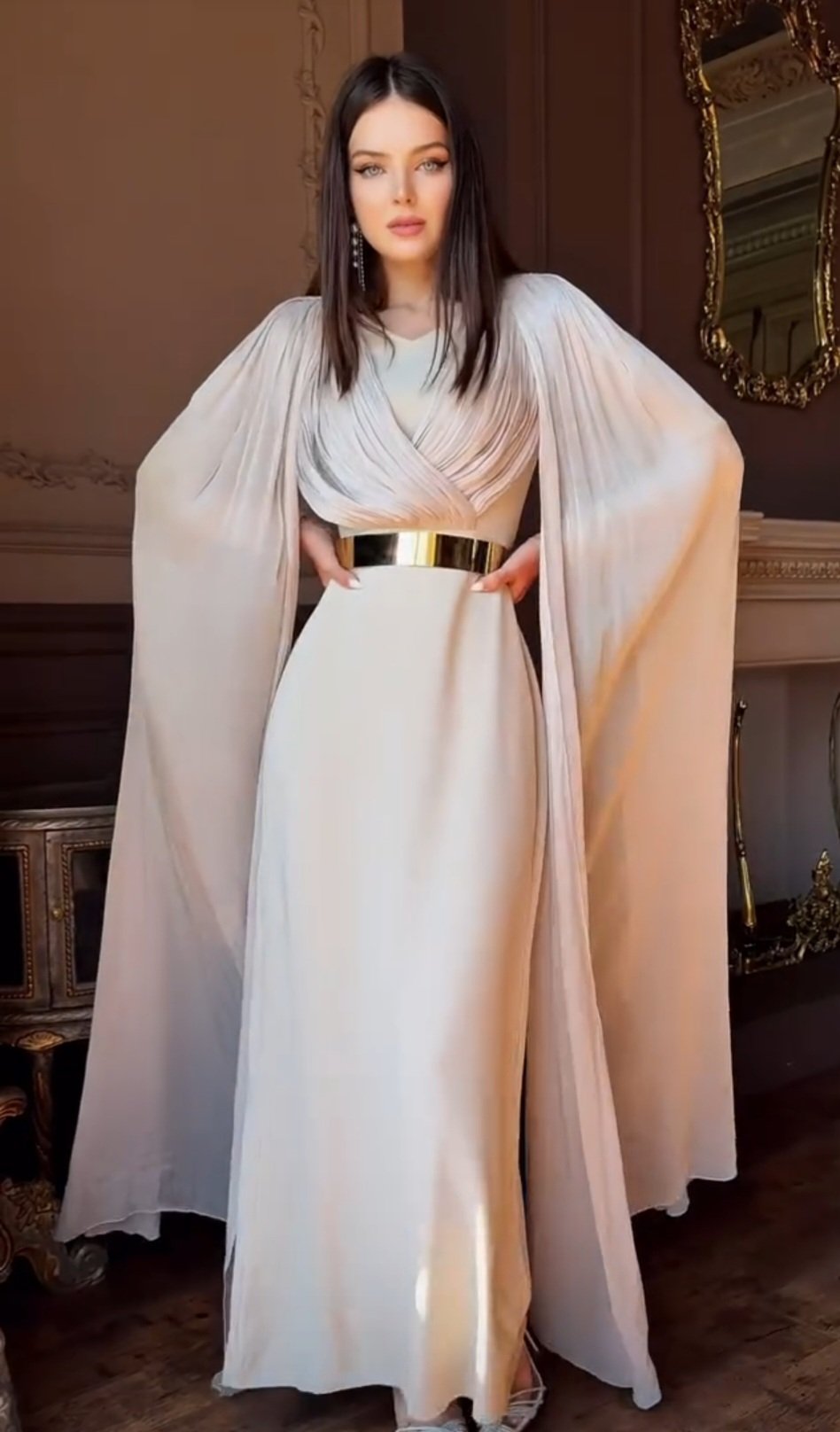 Luxury Couture Cape Sleeve Dress in Sand with Metallic Silk Chiffon on Bodice &amp; Sleeve.