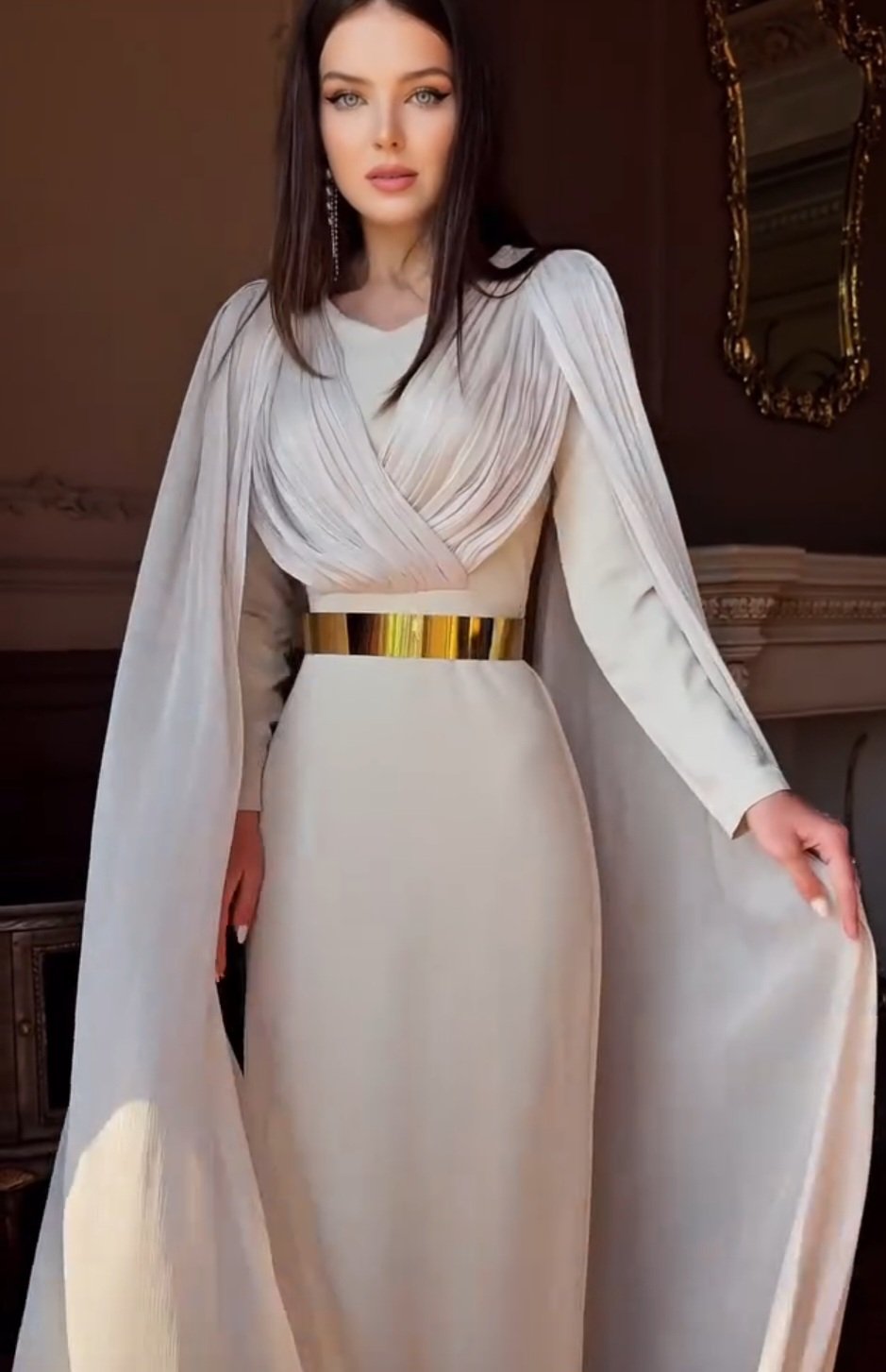 Luxury Couture Cape Sleeve Dress in Sand with Metallic Silk Chiffon on Bodice &amp; Sleeve.