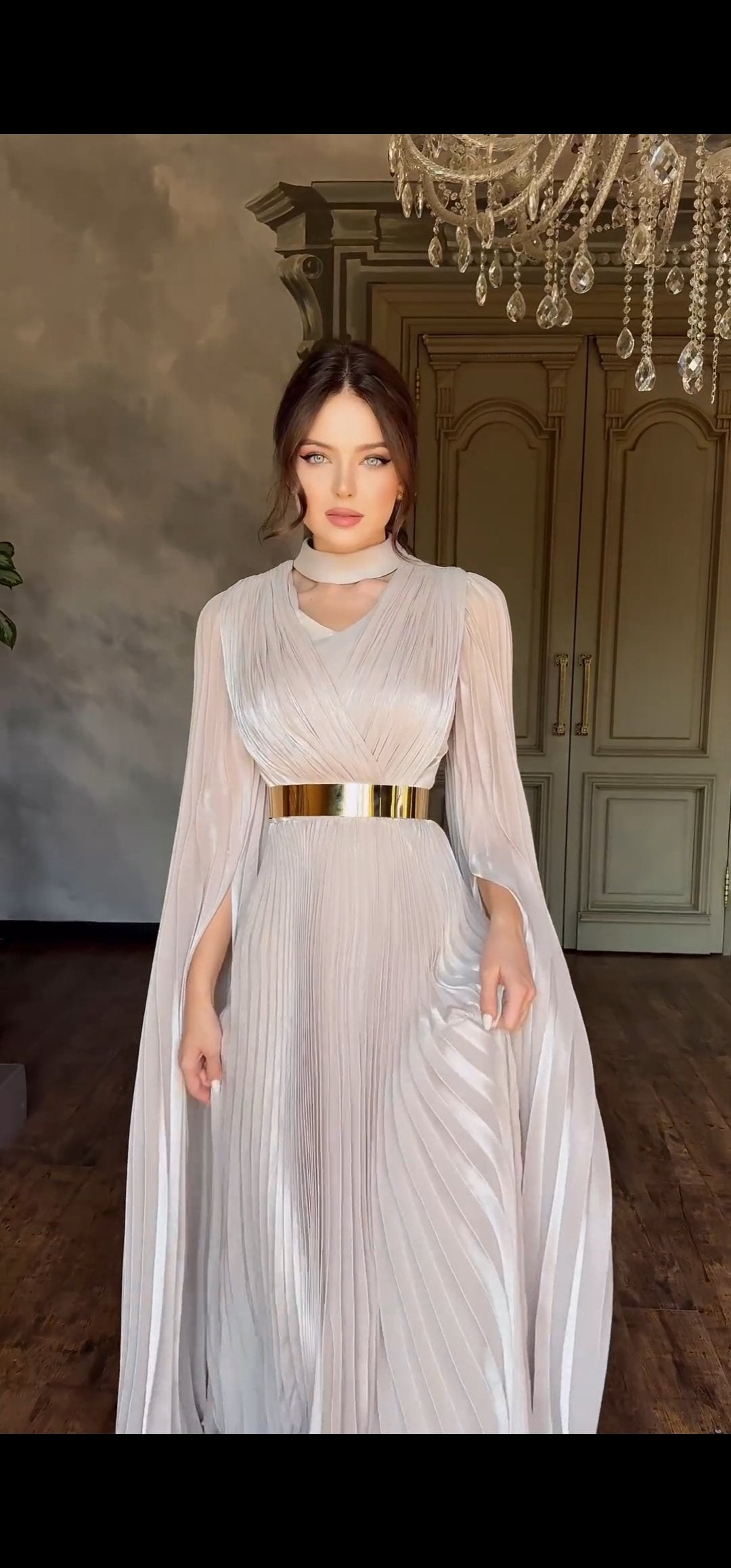 Couture Pleated Dress with Gold Belt.