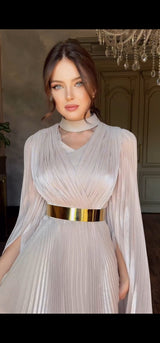 Couture Pleated Dress with Gold Belt.