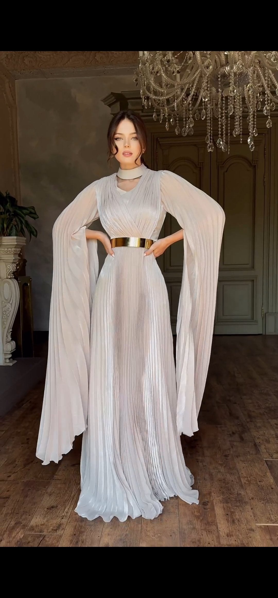 Couture Pleated Dress with Gold Belt.