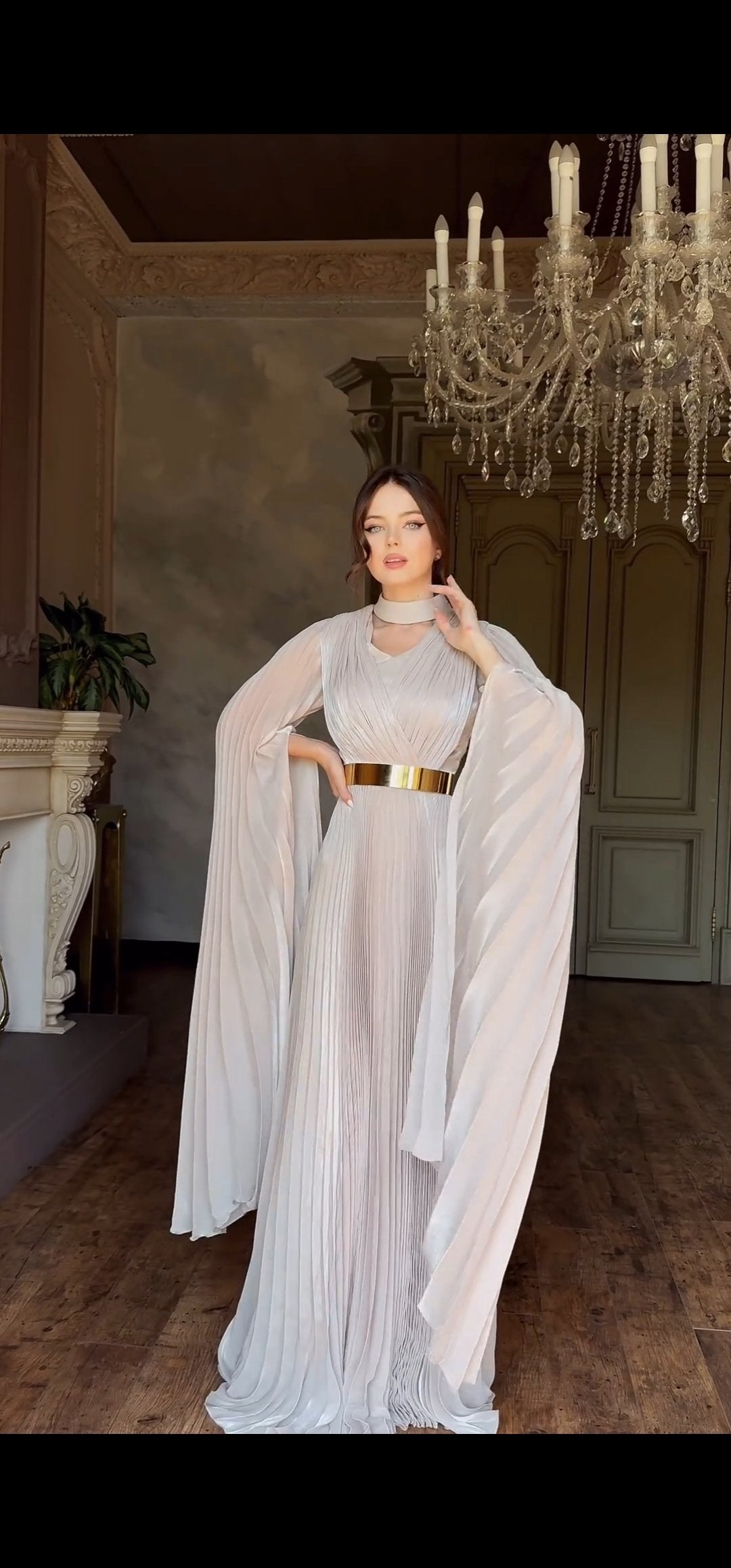 Couture Pleated Dress with Gold Belt.