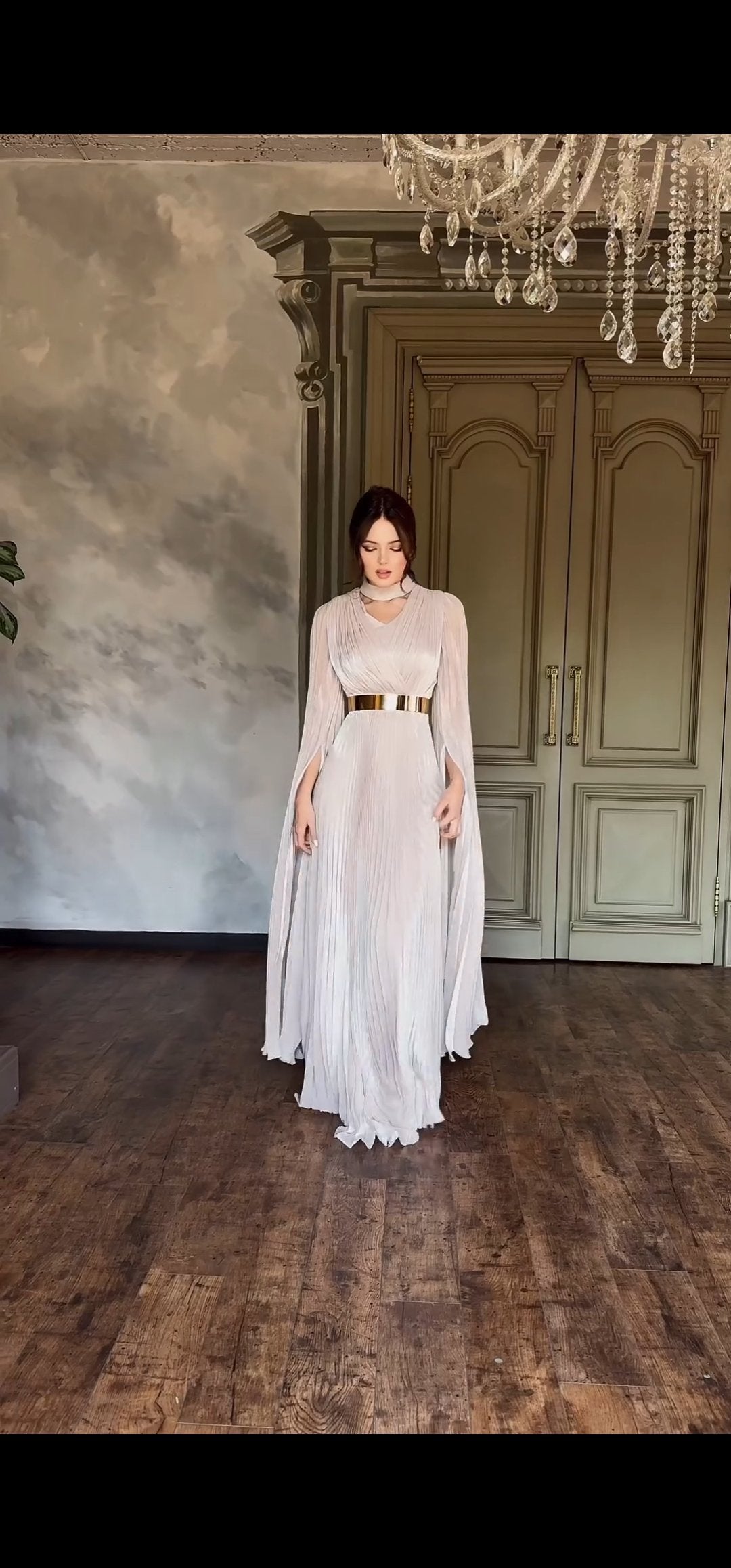 Couture Pleated Dress with Gold Belt.