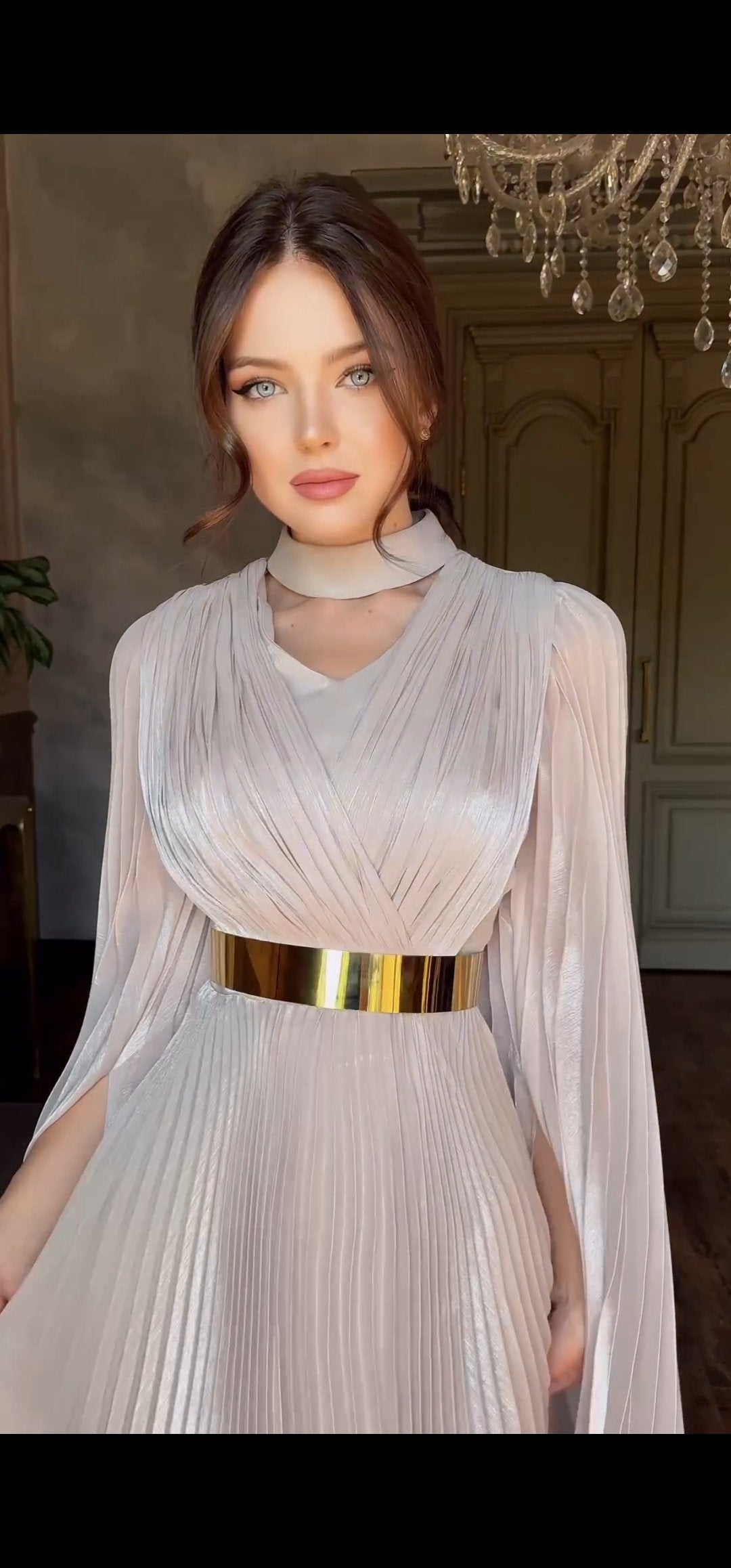 Couture Pleated Dress with Gold Belt.