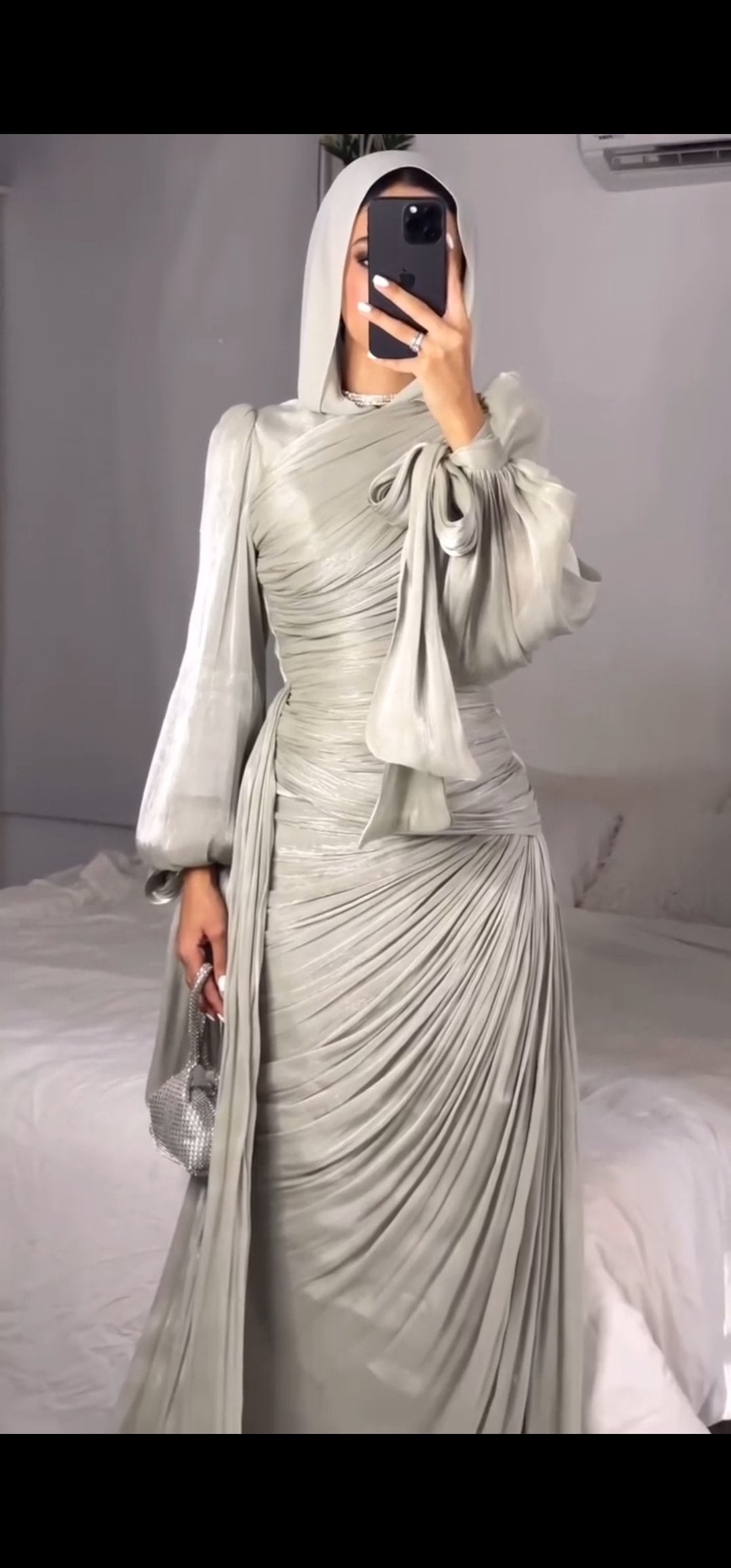 Luxury Silver Metallic Soft Silk Chiffon Dress with Side Train.