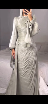 Luxury Silver Metallic Soft Silk Chiffon Dress with Side Train.