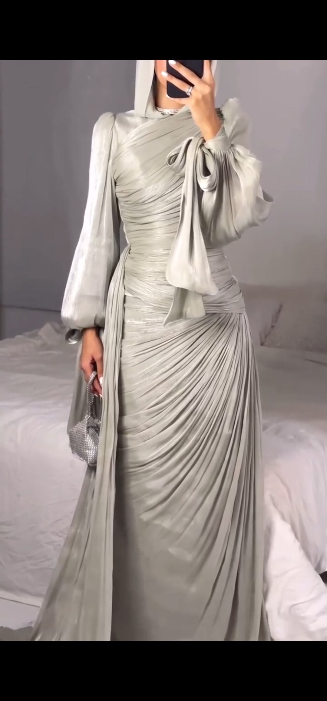 Luxury Silver Metallic Soft Silk Chiffon Dress with Side Train.