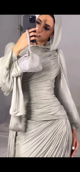 Luxury Silver Metallic Soft Silk Chiffon Dress with Side Train.