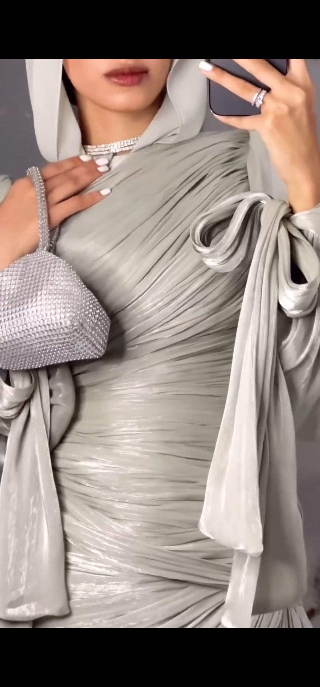 Luxury Silver Metallic Soft Silk Chiffon Dress with Side Train.