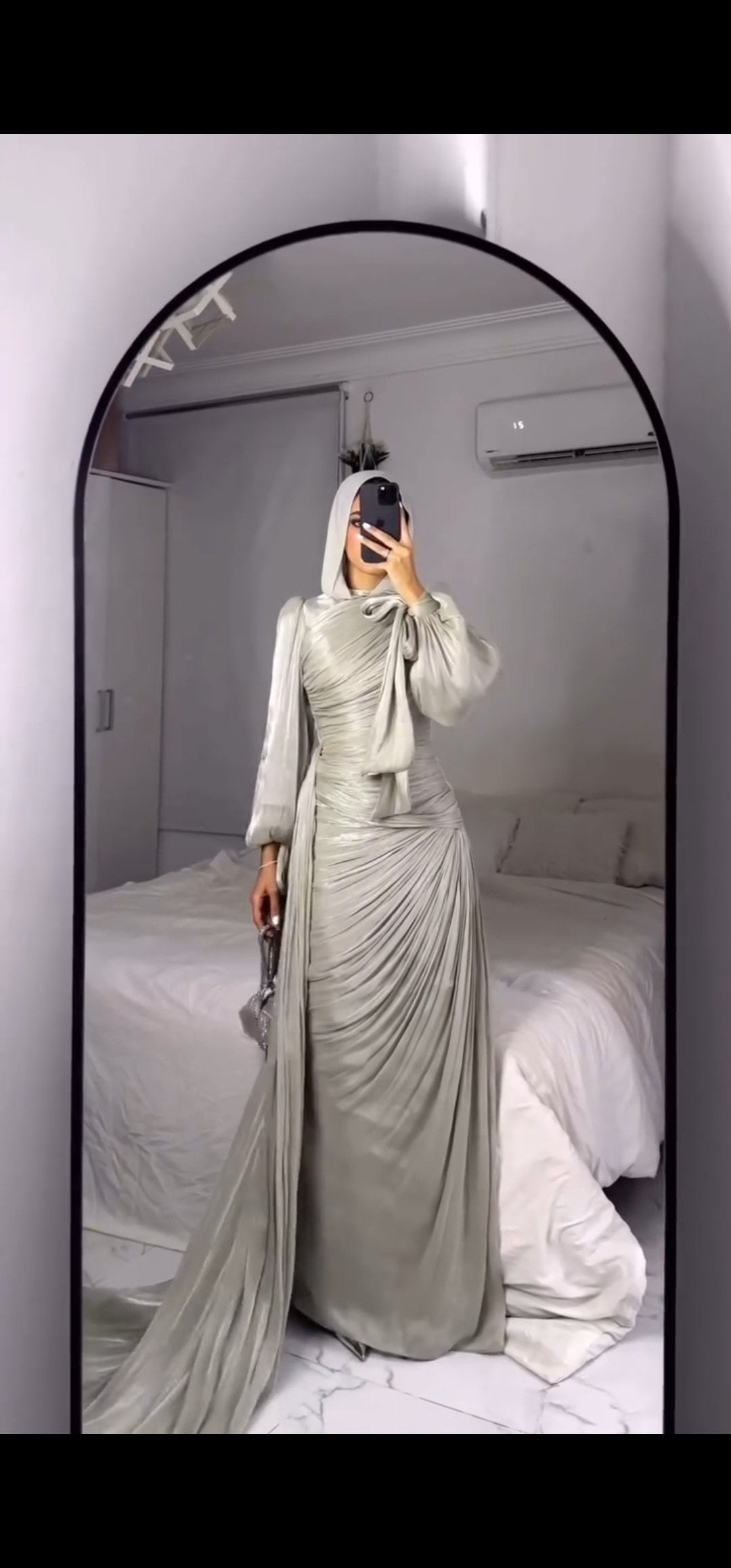 Luxury Silver Metallic Soft Silk Chiffon Dress with Side Train.