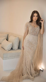 Exclusive Evening Gown with Feathered Shoulders & Cape Sleeves