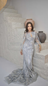 Haute Couture Grey Evening Gown with Embroidery & Hand-Beaded Detail