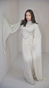 Exclusive Liquid Chiffon Cape Sleeve dress with Jewel detail on waistline