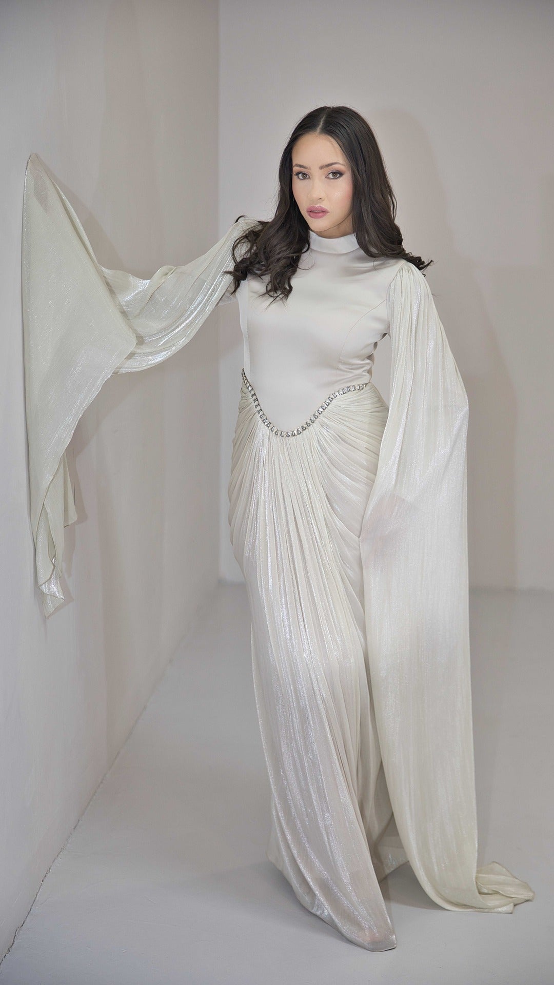 Exclusive Liquid Chiffon Cape Sleeve dress with Jewel detail on waistline