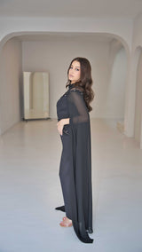 Exclusive Black Evening Dress with Cape Sleeves and Rhinestones.