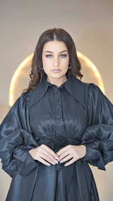 Exclusive Black Organza Dress with Beaded & Feather Appliquè on Waistline